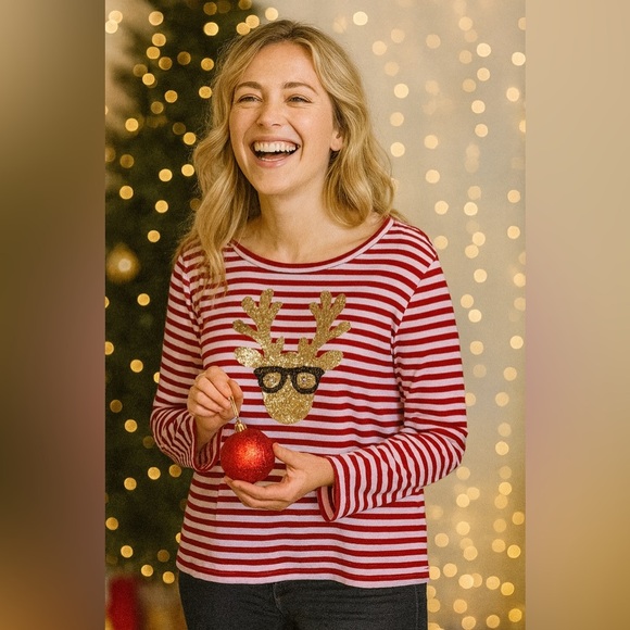 Sophia & Jane Cool Sequin Sparkle Reindeer Striped Top Size XL - Picture 1 of 6